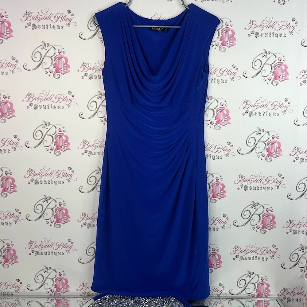 Ralph Lauren dress cinching swoop style Royal Blue Draped Midi Dress stunning